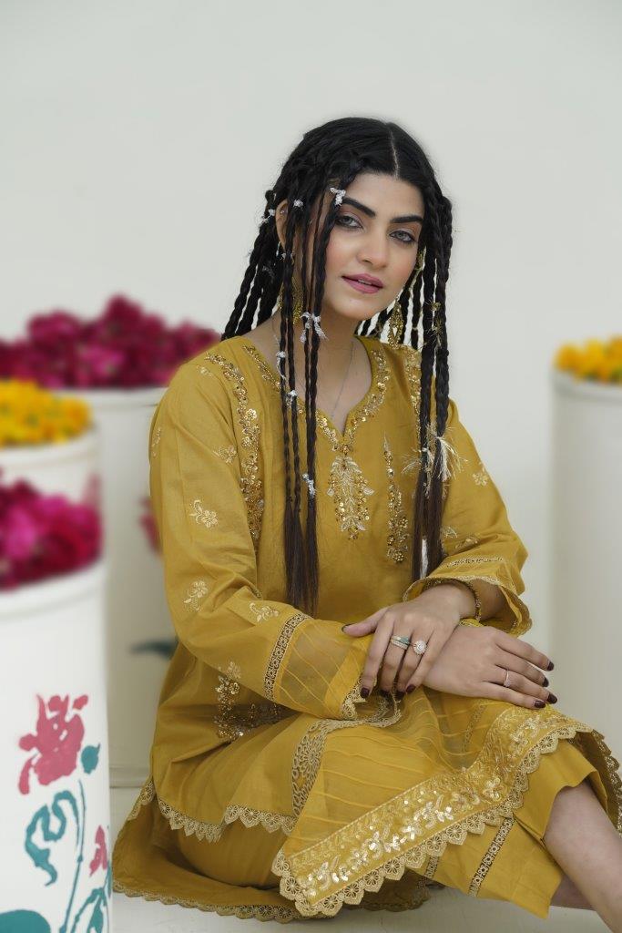2 Piece Embroidered Lawn Cambric Suit | SS-2202-Golden
