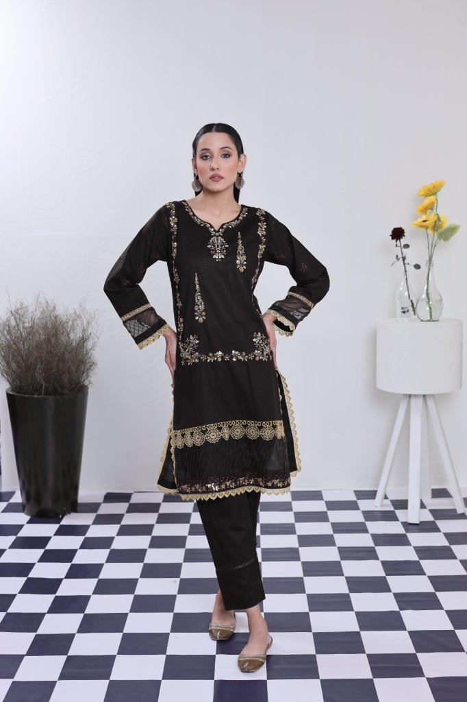 2 Piece Embroidered Lawn Cambric Suit | SS-2202-Black