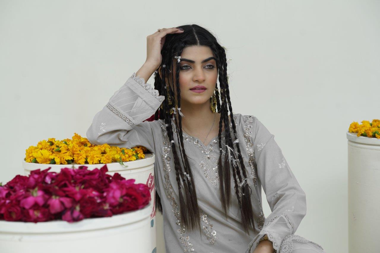 2 Piece Embroidered Lawn Cambric Suit | SS-2202-Silver Grey