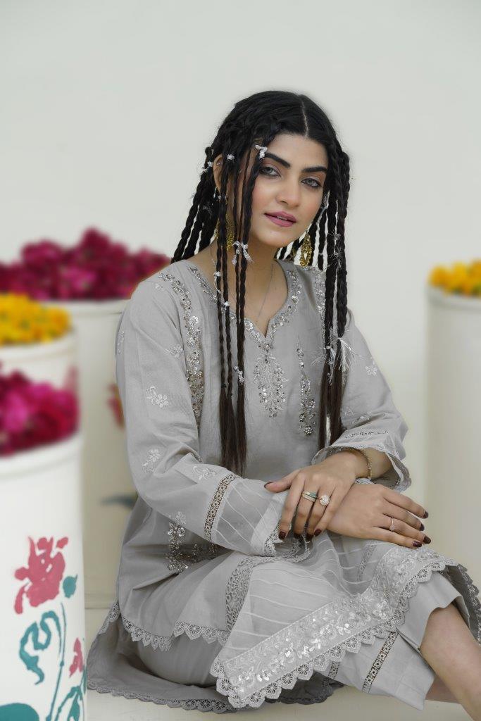 2 Piece Embroidered Lawn Cambric Suit | SS-2202-Silver Grey