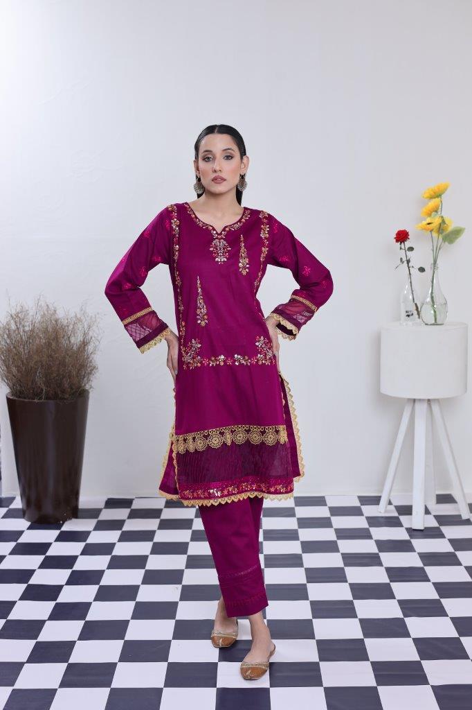 2 Piece Embroidered Lawn Cambric Suit | SS-2202-Crimson