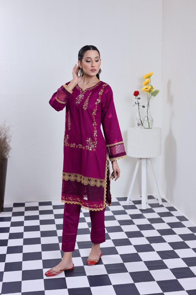 2 Piece Embroidered Lawn Cambric Suit | SS-2202-Crimson