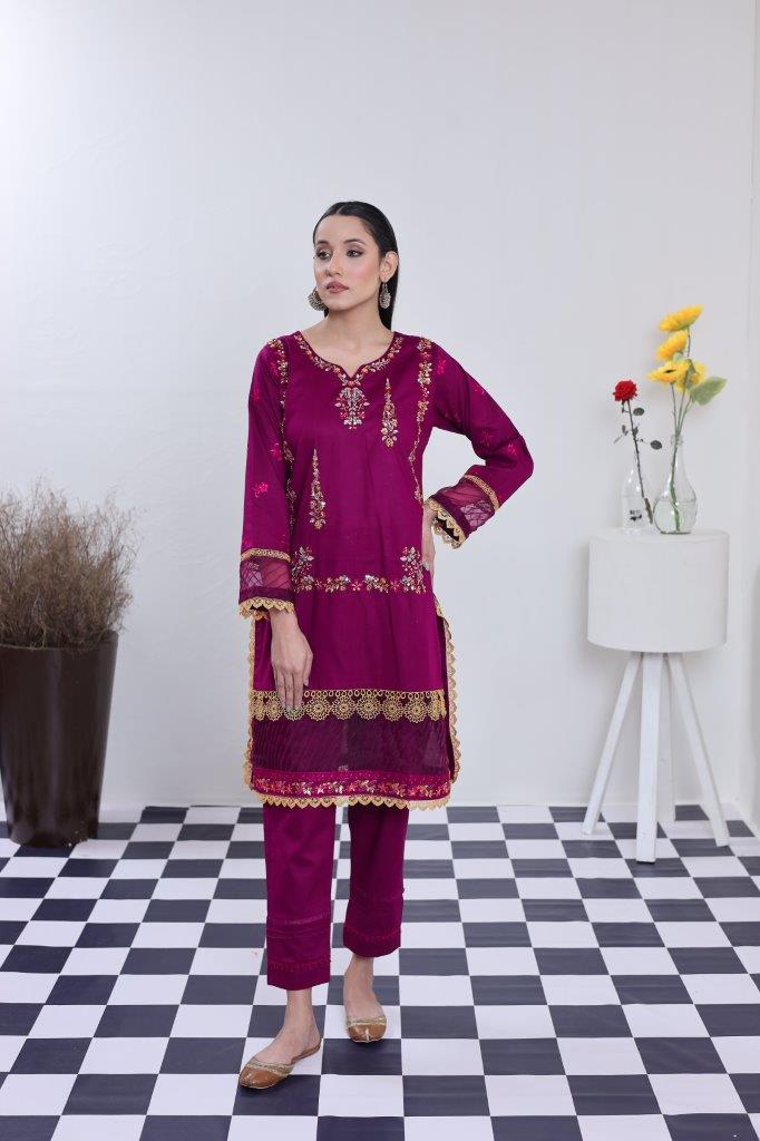 2 Piece Embroidered Lawn Cambric Suit | SS-2202-Crimson