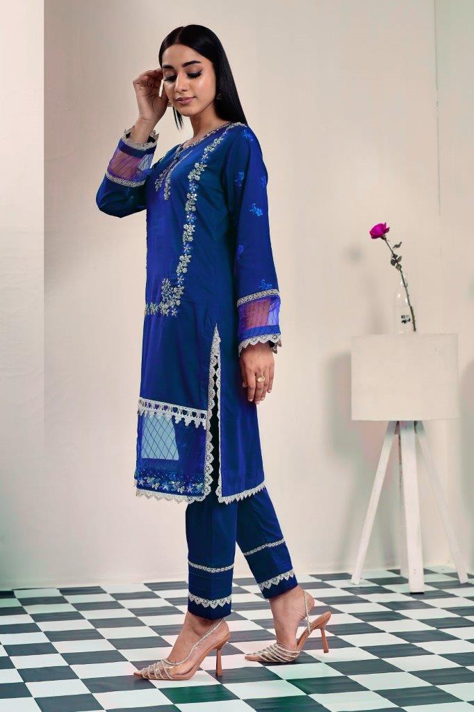2 Piece Embroidered Lawn Cambric Suit | SS-2202-Ink Blue