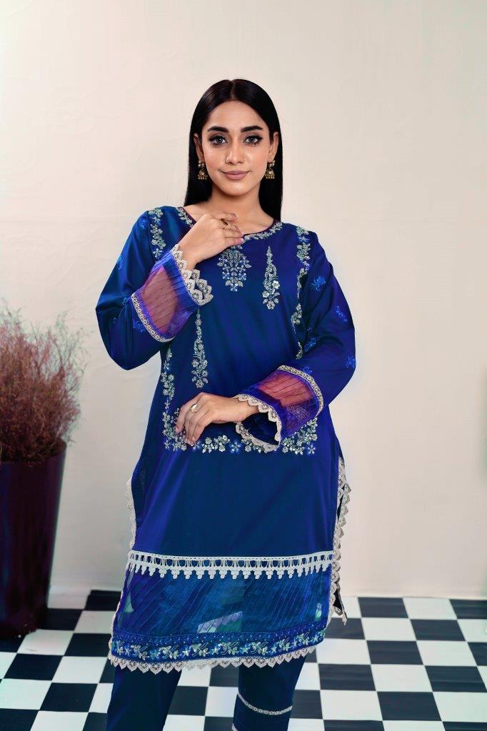 2 Piece Embroidered Lawn Cambric Suit | SS-2202-Ink Blue
