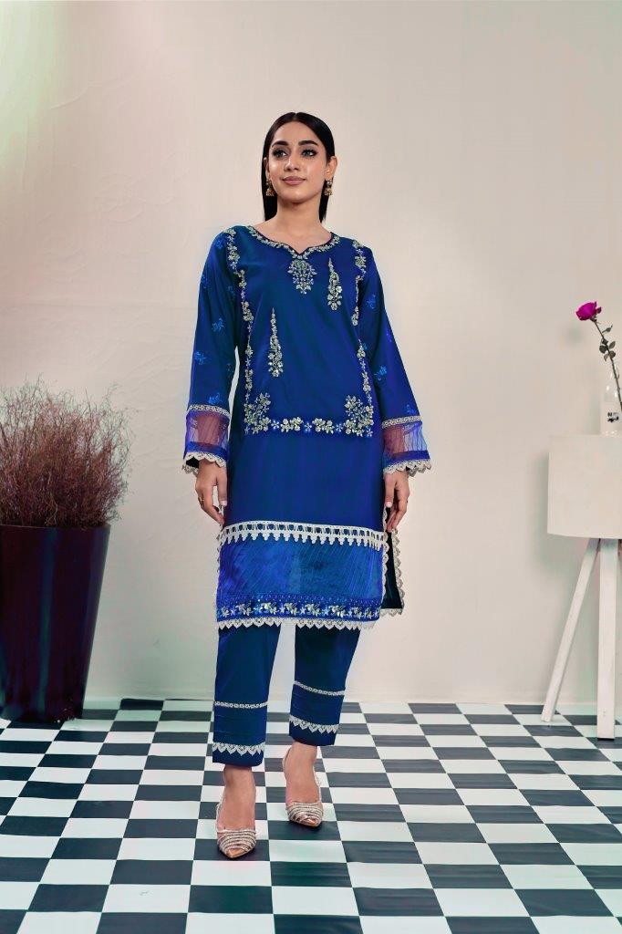2 Piece Embroidered Lawn Cambric Suit | SS-2202-Ink Blue