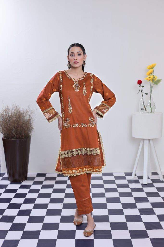 2 Piece Embroidered Lawn Cambric Suit | SS-2202-Shock Orange