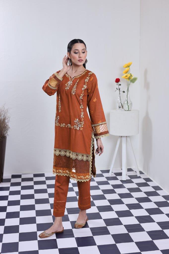 2 Piece Embroidered Lawn Cambric Suit | SS-2202-Shock Orange