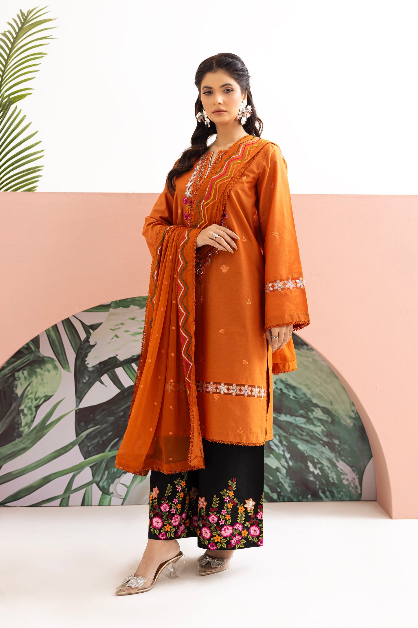 2224 – Orange Embroidered 3-Piece Lawn Suit – Elegant Summer Wear