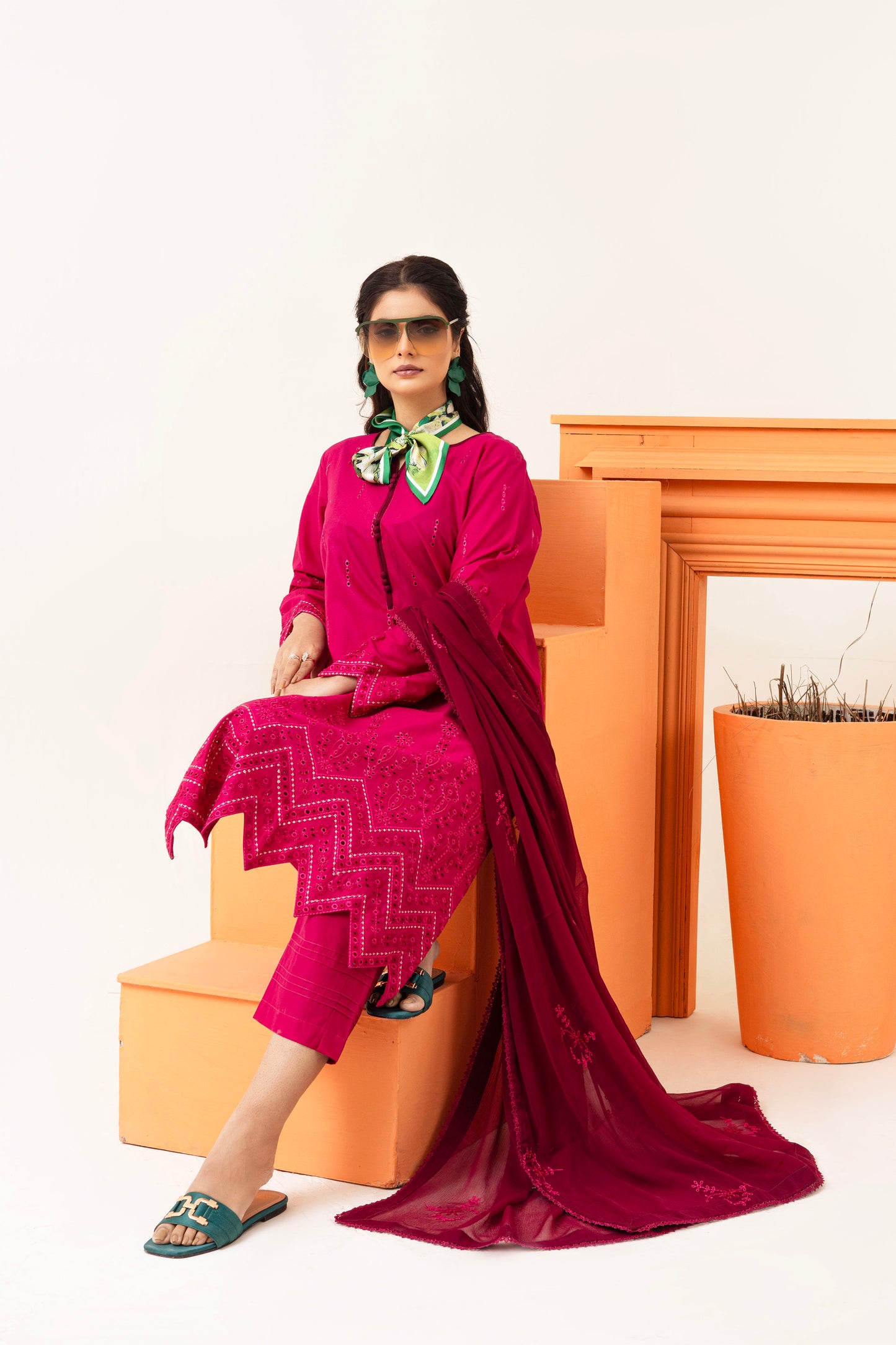 2258 – Hot Pink Embroidered 3-Piece Lawn Suit – Elegant Summer Wear