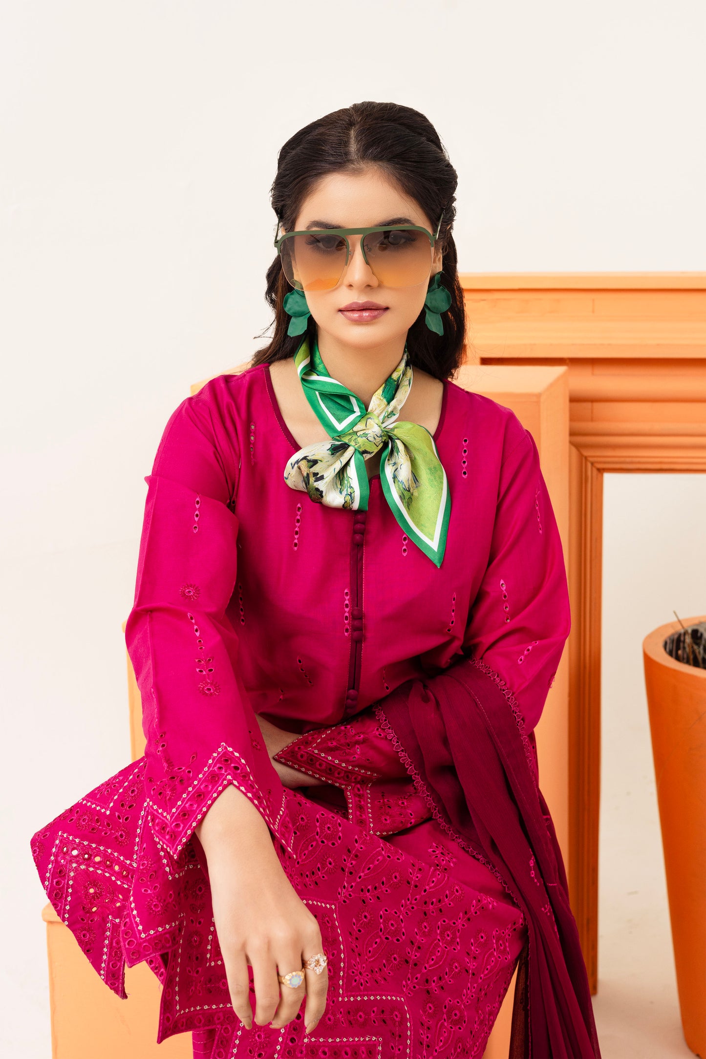 2258 – Hot Pink Embroidered 3-Piece Lawn Suit – Elegant Summer Wear