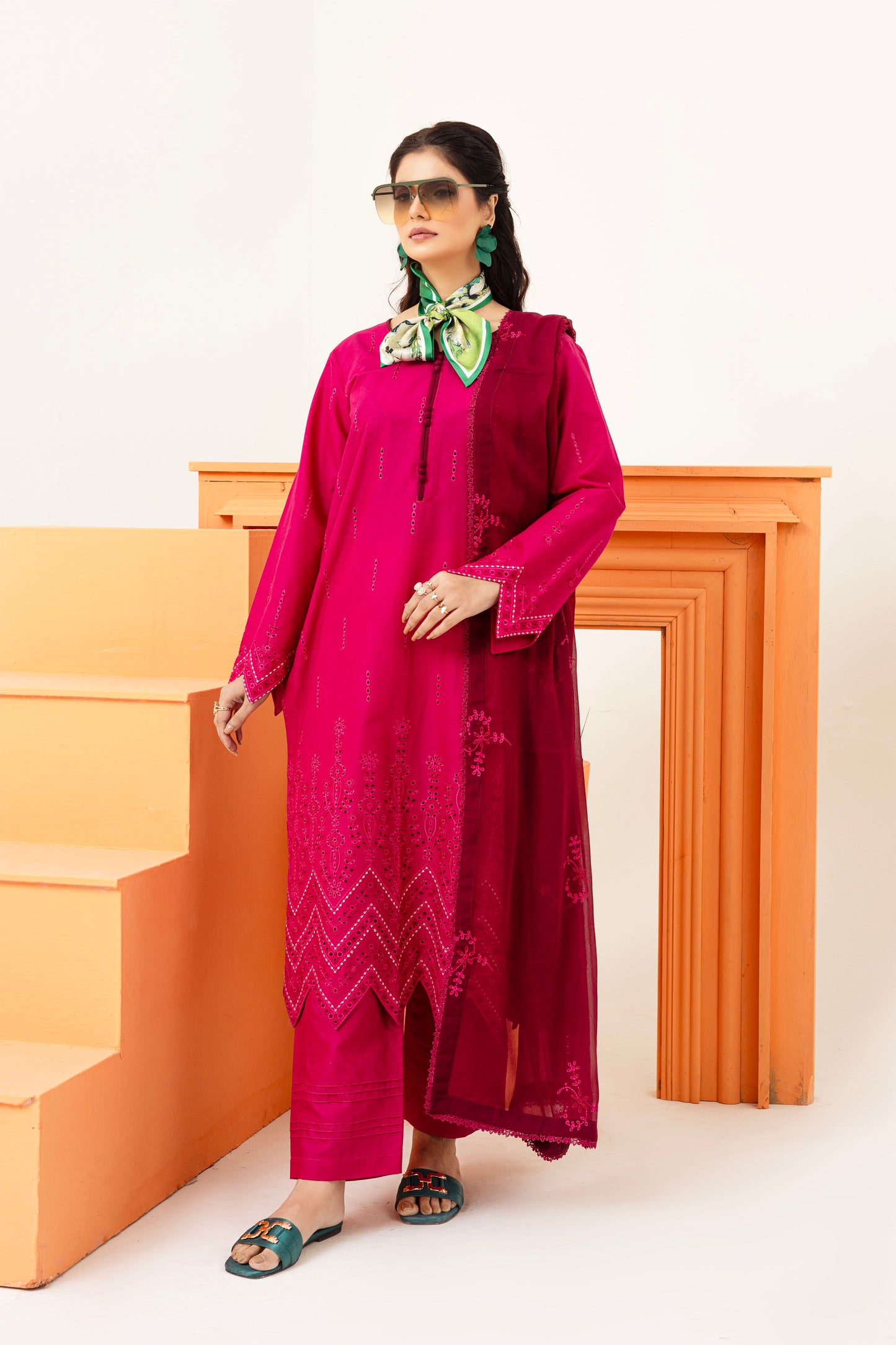 2258 – Hot Pink Embroidered 3-Piece Lawn Suit – Elegant Summer Wear