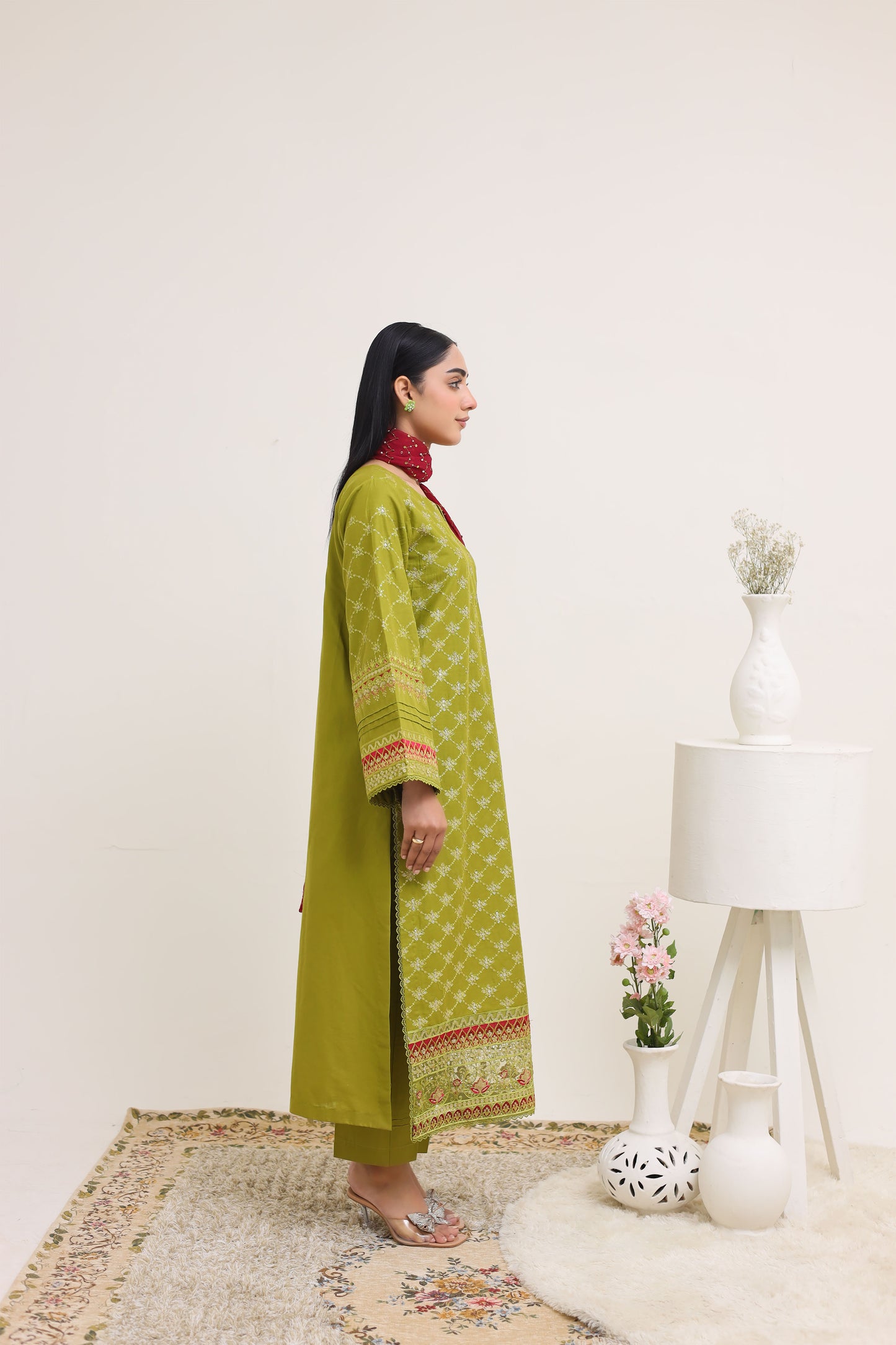 2260 – Parrot Green Embroidered 3-Piece Lawn Cotton Suit – Elegant Summer Wear