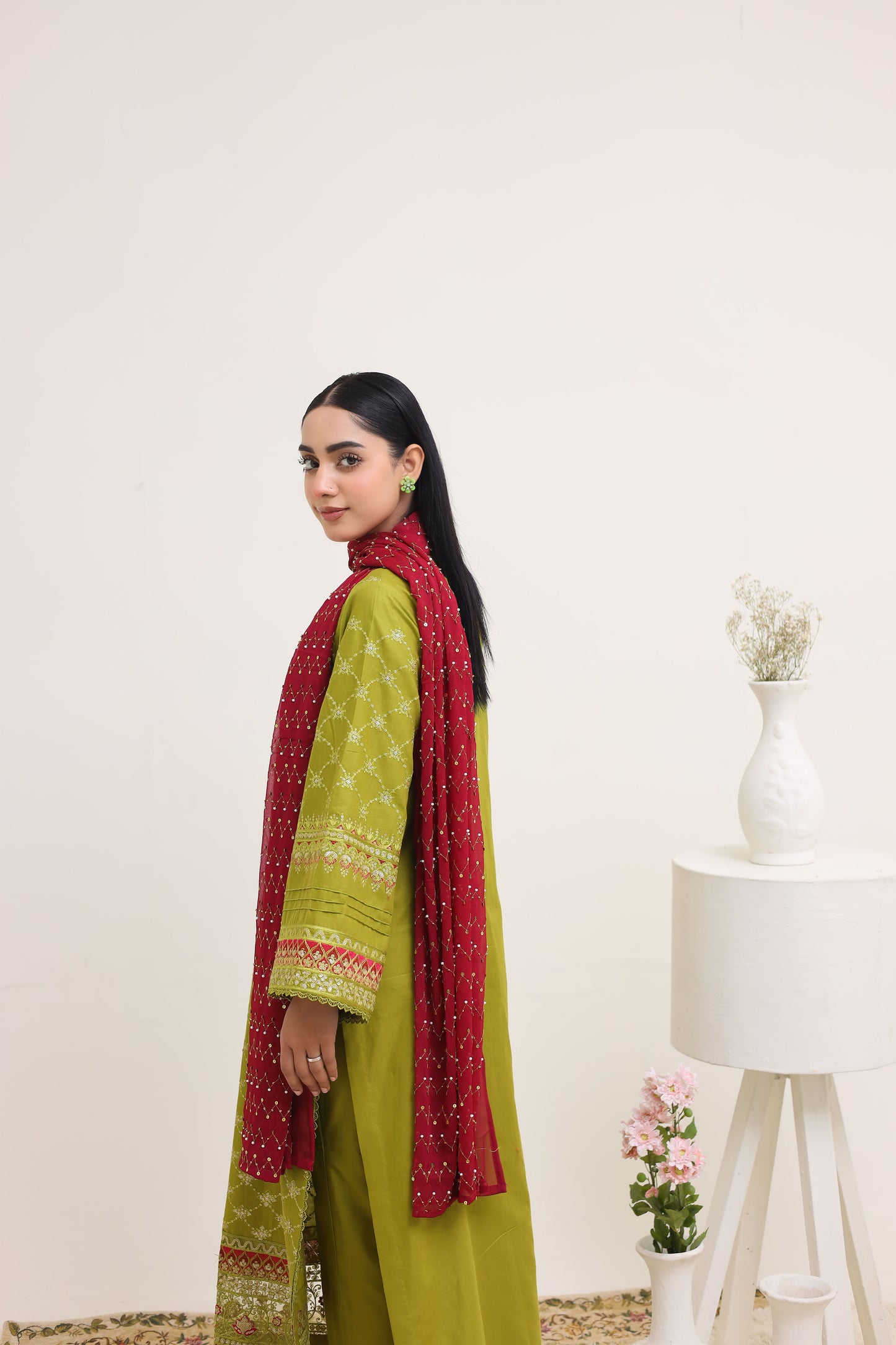 2260 – Parrot Green Embroidered 3-Piece Lawn Cotton Suit – Elegant Summer Wear
