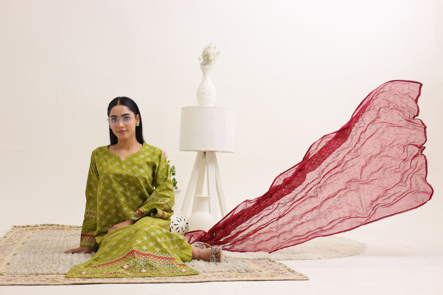 2260 – Parrot Green Embroidered 3-Piece Lawn Cotton Suit – Elegant Summer Wear