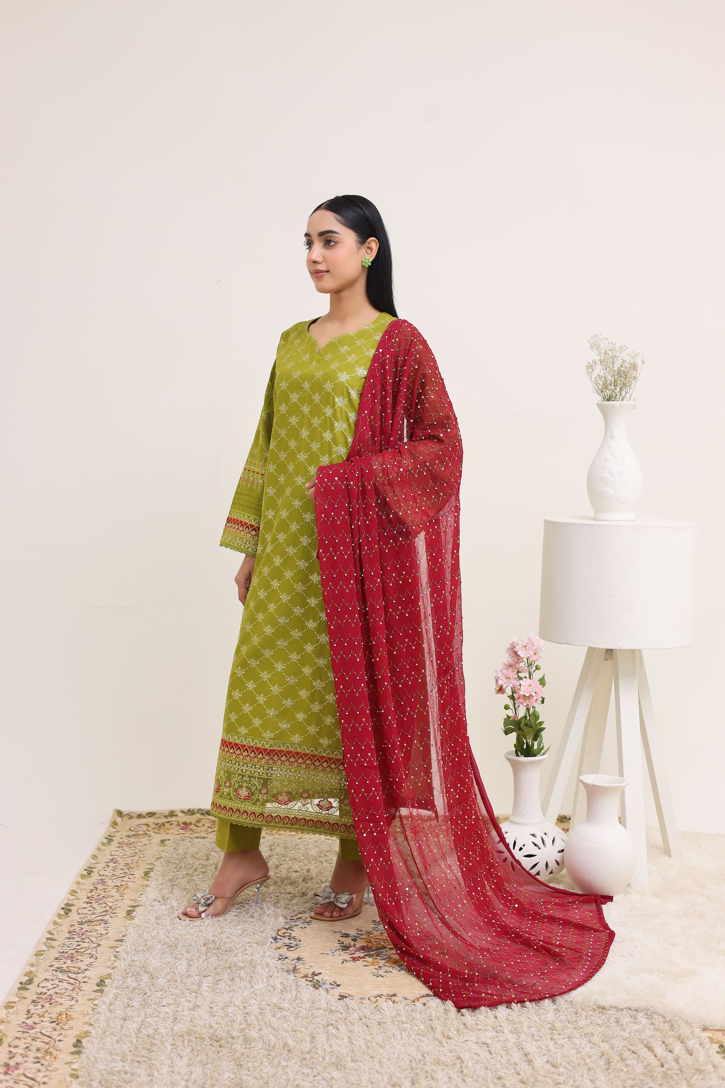 2260 – Parrot Green Embroidered 3-Piece Lawn Cotton Suit – Elegant Summer Wear