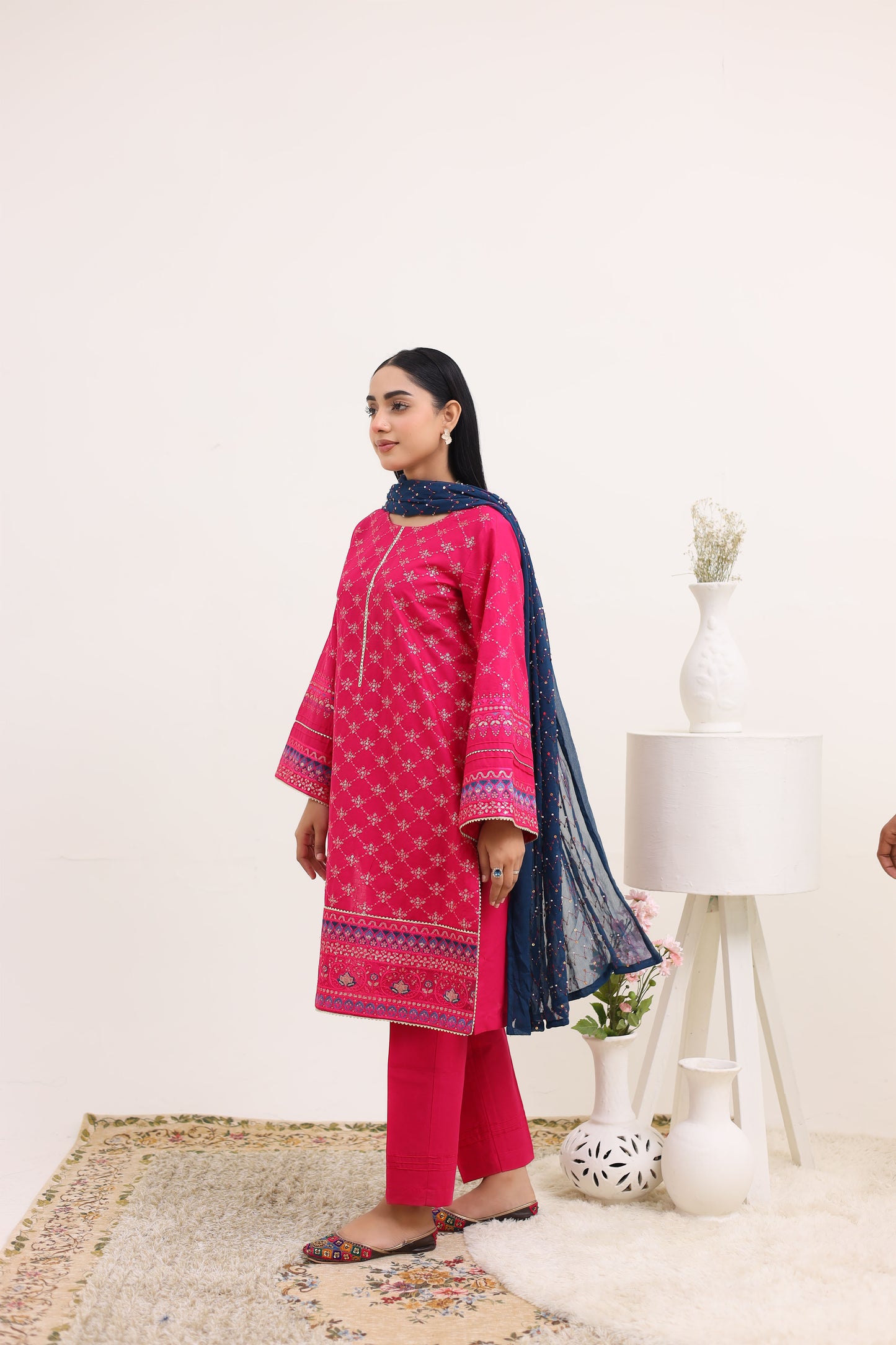 2260 – Hot Pink Embroidered 3-Piece Lawn Suit – Elegant Summer Wear
