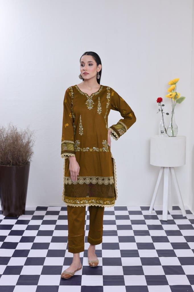 2 Piece Embroidered Lawn Cambric Suit | SS-2202-Brown Ochre
