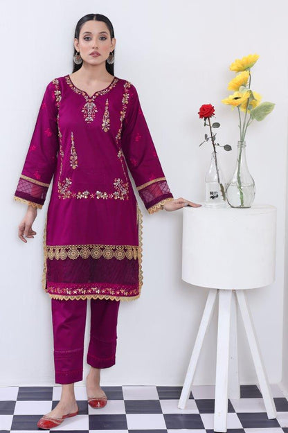 2 Piece Embroidered Lawn Cambric Suit | SS-2202-Crimson