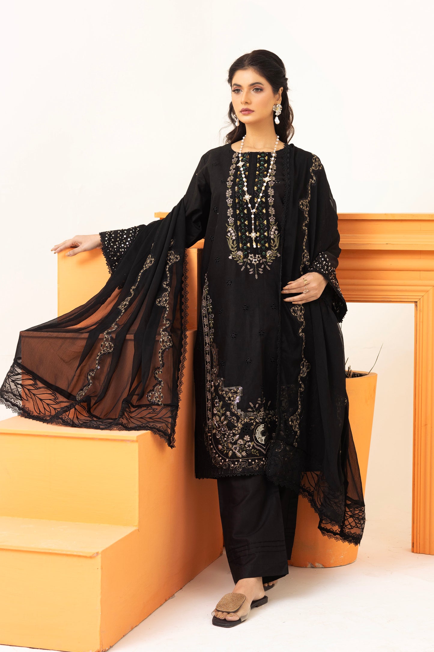 2222 – Black Embroidered 3-Piece Lawn Suit – Elegant Summer Wear