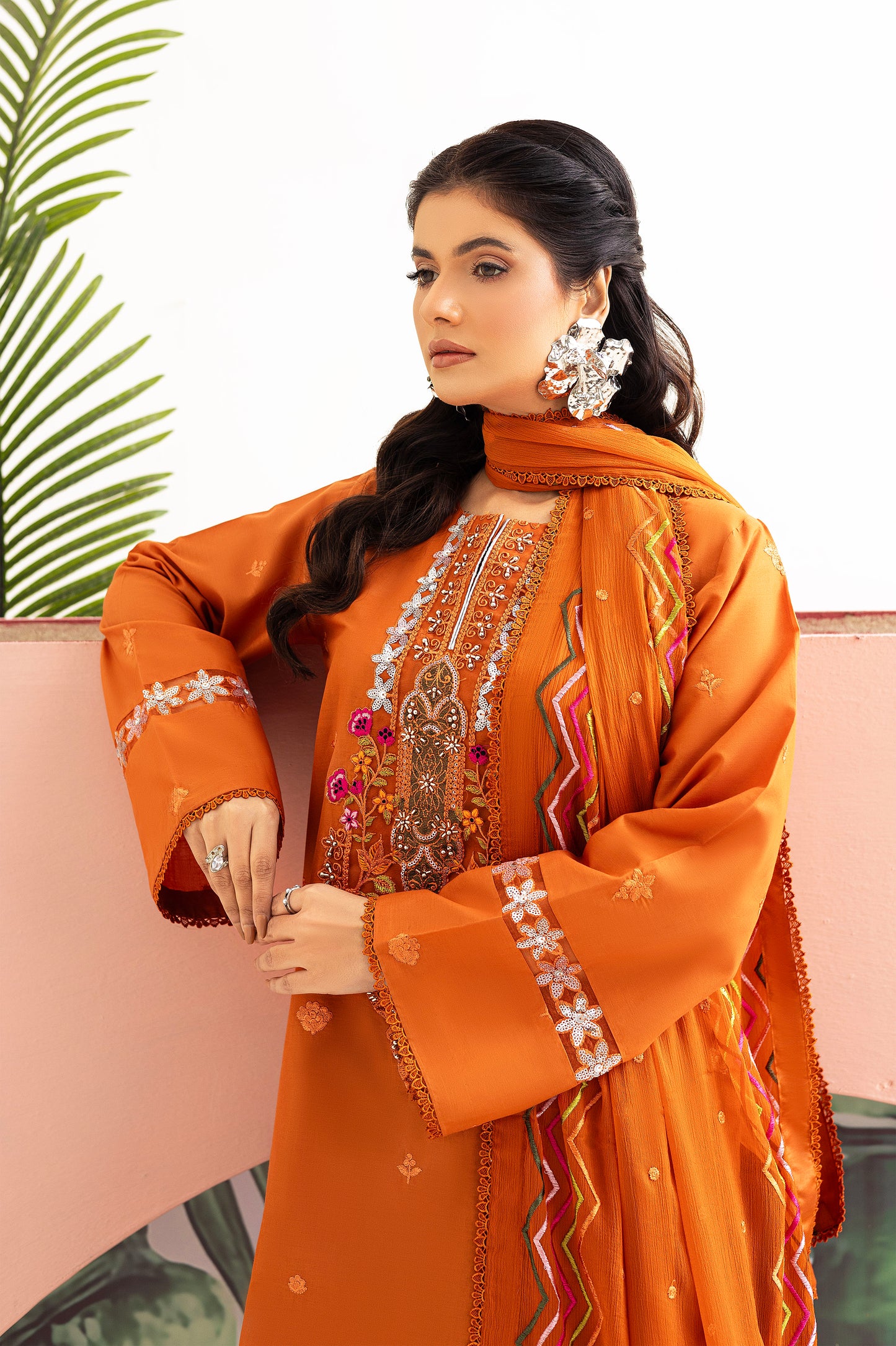 2224 – Orange Embroidered 3-Piece Lawn Suit – Elegant Summer Wear