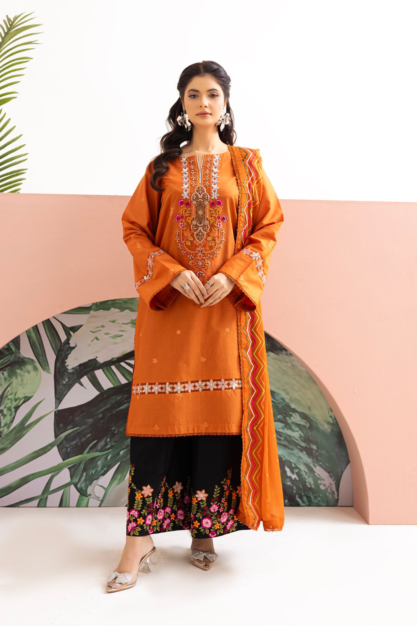 2224 – Orange Embroidered 3-Piece Lawn Suit – Elegant Summer Wear