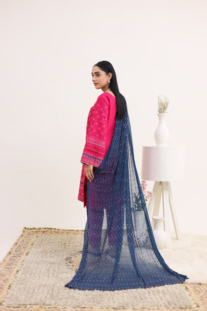 2260 – Hot Pink Embroidered 3-Piece Lawn Suit – Elegant Summer Wear
