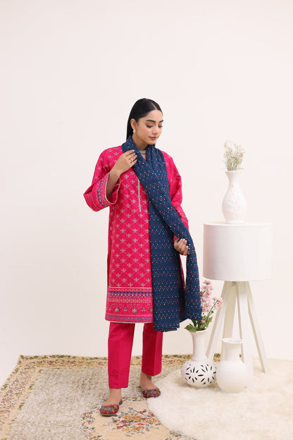 2260 – Hot Pink Embroidered 3-Piece Lawn Suit – Elegant Summer Wear
